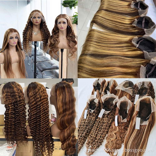 Natrual Black Blonde Highlights Wig Mix Color Deep Wave Curly Pre Plucked HD Transparent Lace Front Raw Virgin Human Hair Wigs